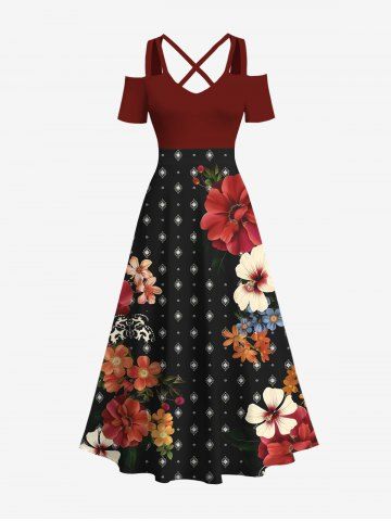 Plus Size Flower Butterfly Eye Print Hawaii Cold Shoulder Crisscross A Line Maxi Dress - RED - XS