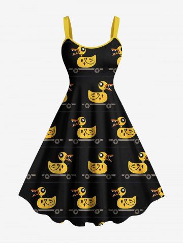 Plus Size Duck Skateboard Print Hawaii A Line Tank Dress - BLACK - 3X