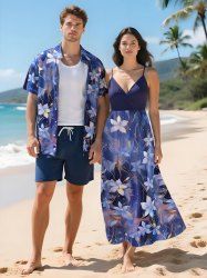 Flowers Leaf Galaxy Star Print Plus Size Matching Hawaii Beach Outfit For Couples -  