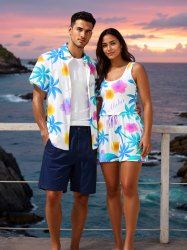 Matching Hawaii Shirt and Romper Plus Size Beach Outfit Colorful Coconut Tree Hibiscus Flowers Printed for Couples -  
