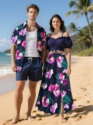 Hibiscus Flowers Tropical Leaf Print Plus Size Matching Hawaii Beach Outfit For Couples -  