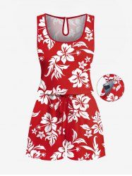 Combinaison hawaïenne cintrée grande taille à imprimé feuilles tropicales et fleurs d'hibiscus - Rouge 1X