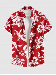 Plus Size Hibiscus Flowers Tropical Leaf Print Buttons Pocket Hawaii Shirt For Men -  