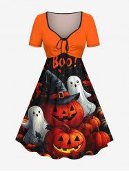 Robe cintrée grande taille à imprimé citrouille, fantôme et feuille d'érable pour Halloween - Orange 1X