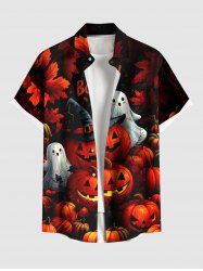 Plus Size Halloween Pumpkin Ghost Maple Leaf Print Buttons Pocket Shirt For Men -  