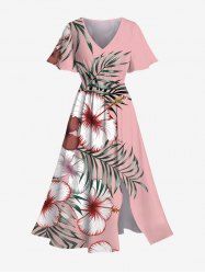 Plus Size Hibiscus Flowers Tropical Leaf Print Split Hawaii Midi Dress -  