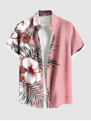 Plus Size Hibiscus Flowers Tropical Leaf Print Buttons Pocket Hawaii Shirt For Men -  