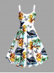 Plus Size Ducks Coconut Tree Sea Waves Ship Anchor Cruise Print Hawaii Tank Dress -  