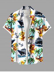 Chemise hawaïenne grande taille à imprimé canards, cocotier, vagues, bateau, ancre, croisière, boutons, poche, pour homme - Blanc 4XL