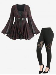 Ruched Lace-up PU Stripe Tie Split Flare Sleeve Top and Flocking Patchwork Skinny Leggings Plus Size Outfit -  