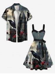 Halloween Crow Rose Flower Castle Moon Ombre Galaxy Print Plus Size Matching Outfit For Couples -  