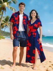 Hibiscus Flower Print Plus Size Matching Hawaii Beach Outfit For Couples -  