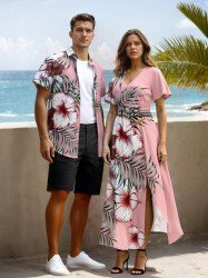 Hibiscus Flowers Tropical Leaf Print Plus Size Matching Hawaii Beach Outfit For Couples -  