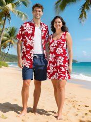Ensemble chemise et barboteuse hawaïennes assorties, tenue de plage grande taille, imprimé feuilles tropicales et hibiscus, pour couples - Rouge 