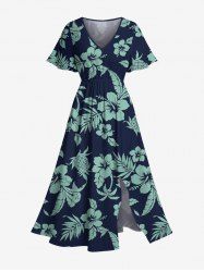 Plus Size Hibiscus Flowers Leaf Coconut Tree Pineapple Print Split Hawaii Midi Dress -  