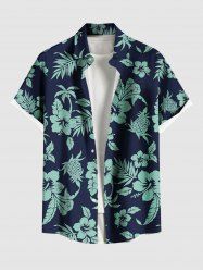 Chemise hawaïenne grande taille à imprimé fleurs d'hibiscus, feuilles, cocotier, ananas, boutons et poches pour homme - Bleu Marine 5XL