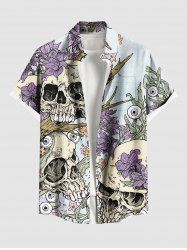 Plus Size Halloween Skull Flowers Eyes Print Buttons Pocket Shirt For Men -  