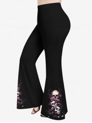 Pantalon évasé grande taille à imprimé tête de mort, rose et branches de fleurs - Noir 3X