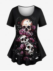 T-shirt femme grande taille imprimé tête de mort, rose et branche de fleur - Noir 2X