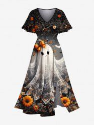 Plus Size Flower Spider Web Ghost Bride Print Halloween Ombre Split Pocket A Line Midi Dress -  