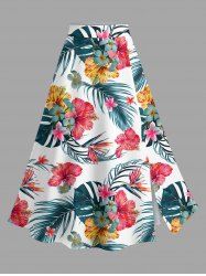 Jupe trapèze fendue hawaïenne grande taille à imprimé feuilles tropicales et fleurs d'hibiscus - Blanc 4X