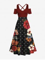 Plus Size Flower Butterfly Eye Print Hawaii Cold Shoulder Crisscross A Line Maxi Dress -  