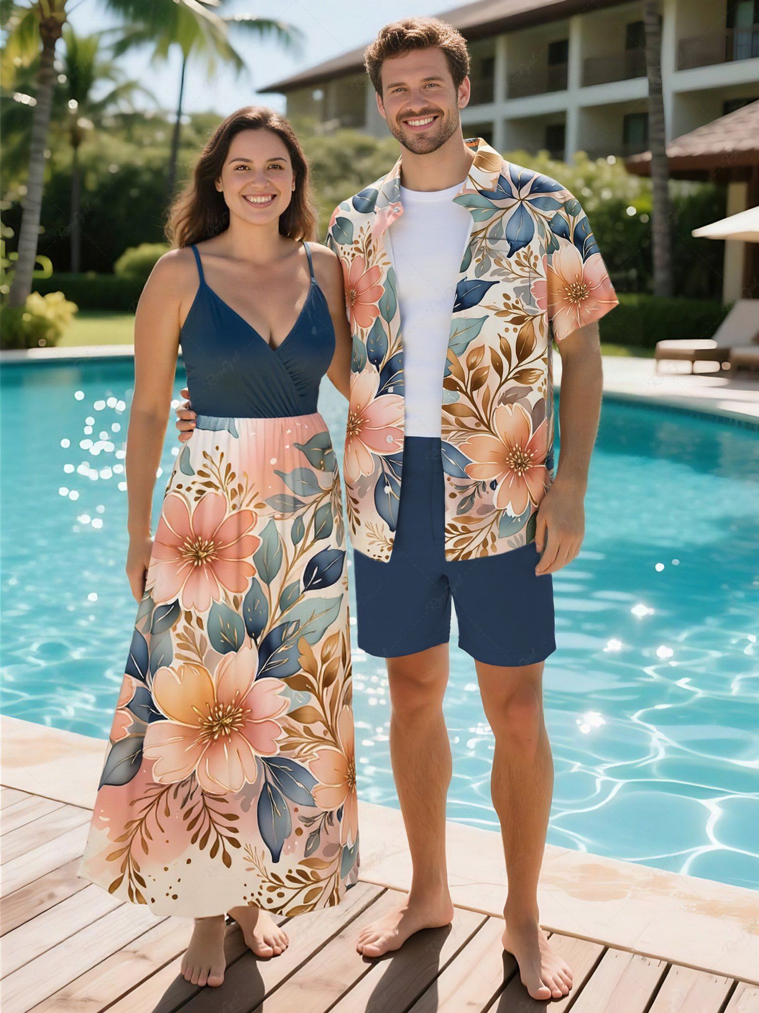 Shops Flowers Leaf Print Plus Size Matching Hawaii Beach Outfit For Couples  