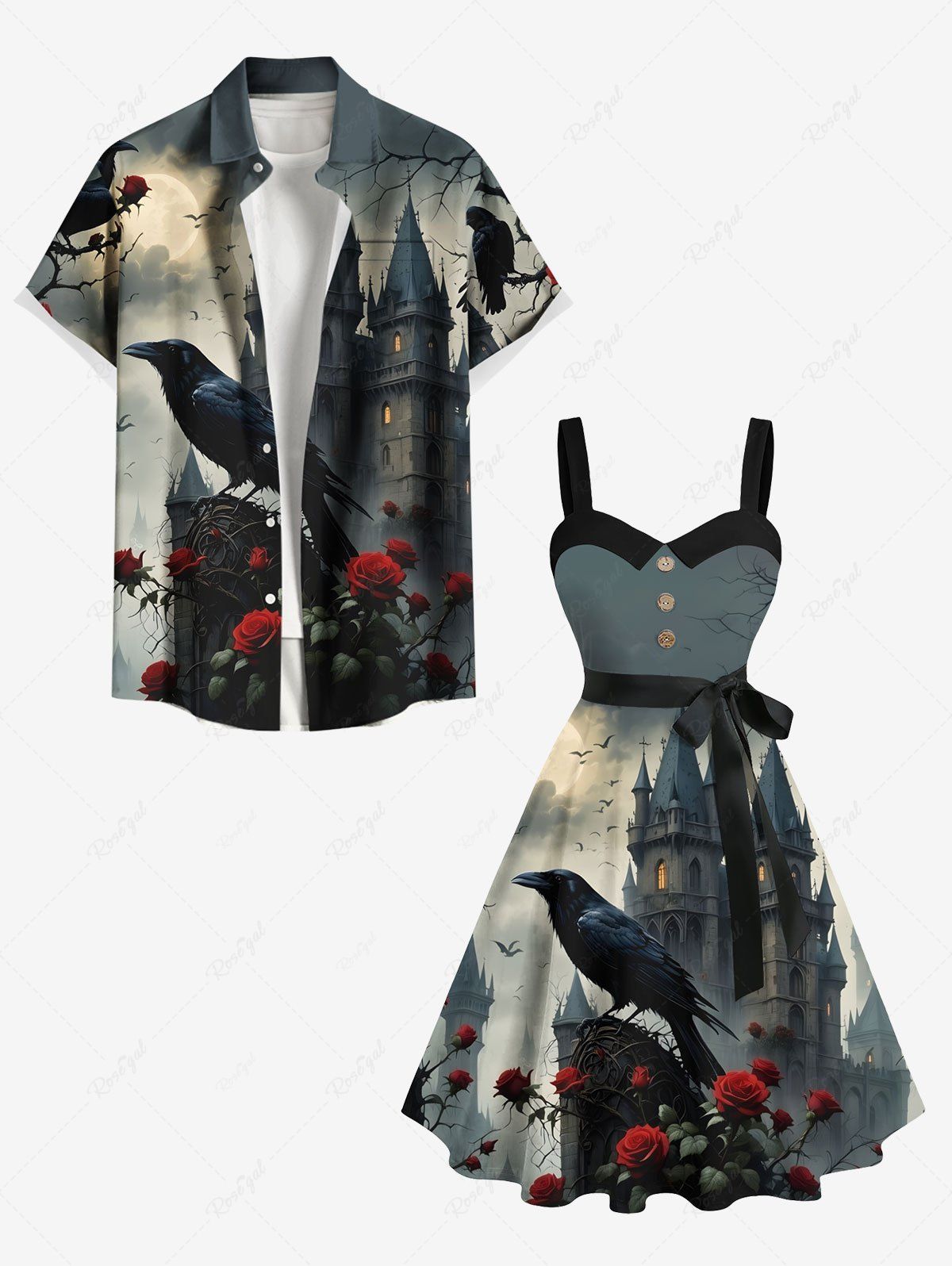 Shop Halloween Crow Rose Flower Castle Moon Ombre Galaxy Print Plus Size Matching Outfit For Couples  