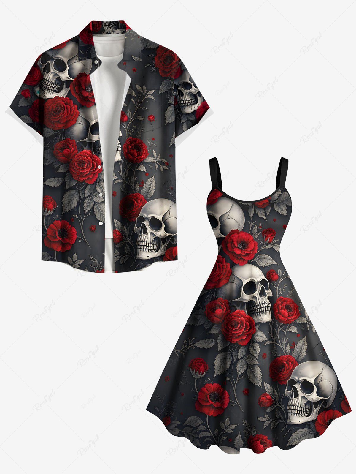 Tenue assortie grande taille pour couple, motif tête de mort, rose, fleur, feuille, branche Gris Foncé 