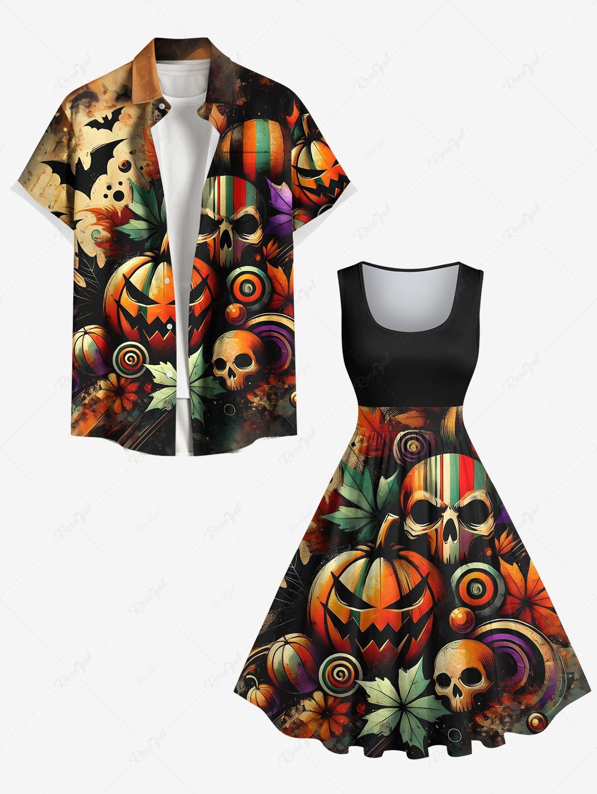 Tenue d'Halloween rayée, crâne, citrouille, chauve-souris, feuille d'érable, grande taille, assortie pour les couples Noir 