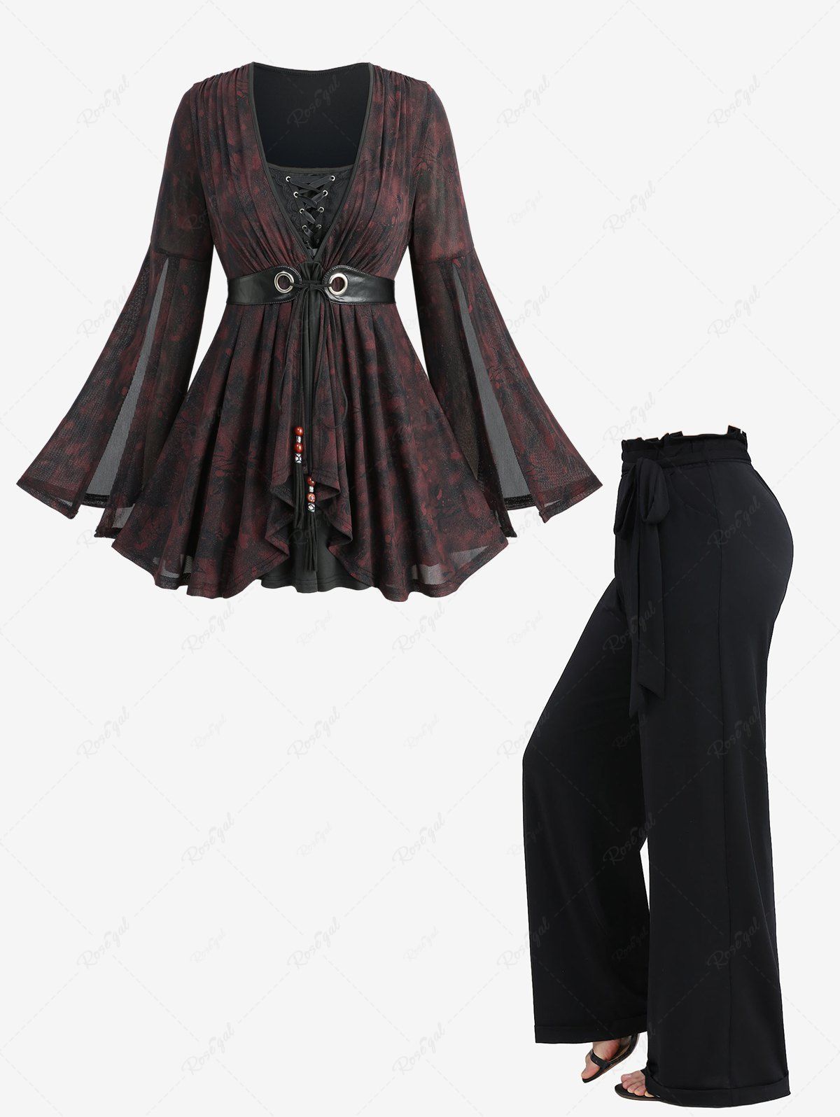 Haut à lacets froncé en PU à rayures florales, manches évasées fendues et pantalon large à la taille, tenue grande taille Noir 