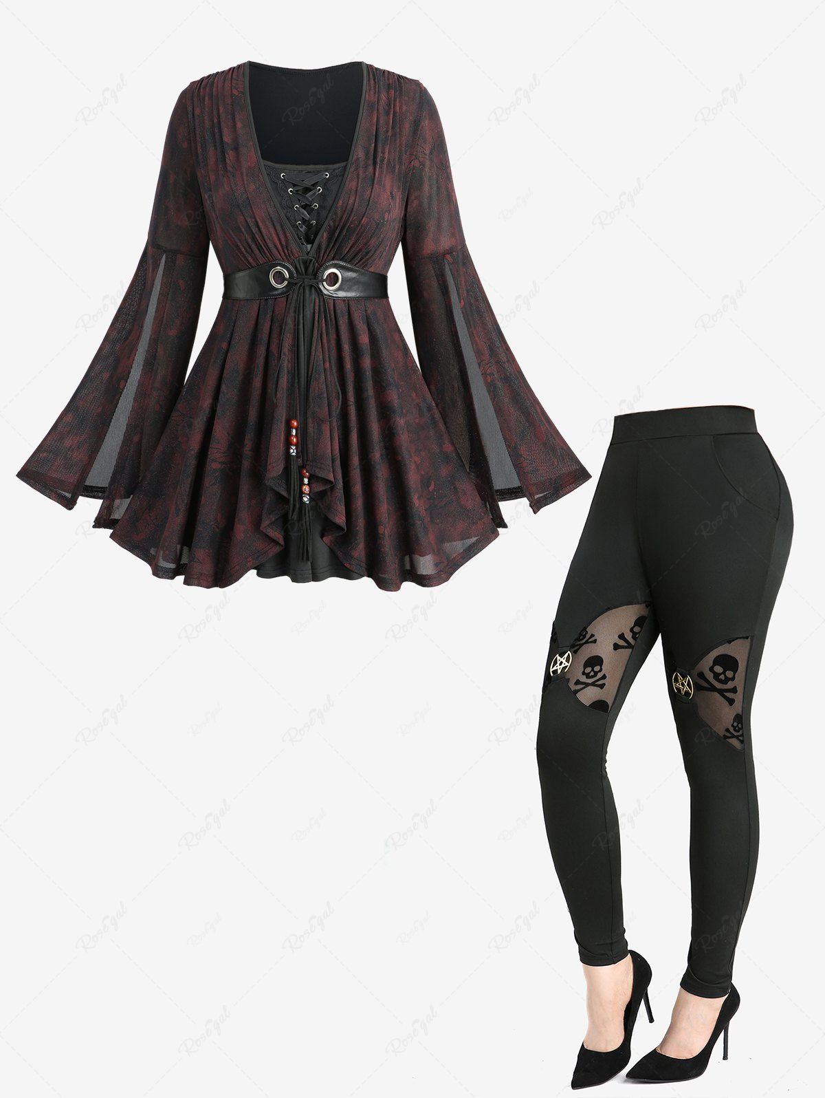 Fancy Ruched Lace-up PU Stripe Tie Split Flare Sleeve Top and Flocking Patchwork Skinny Leggings Plus Size Outfit  