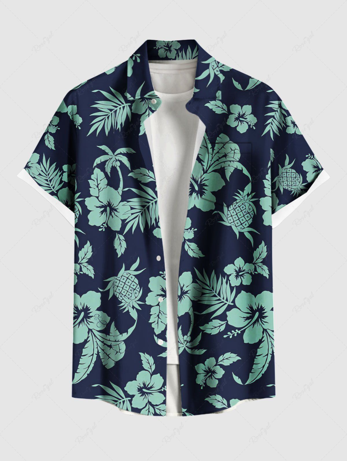 Chemise hawaïenne grande taille à imprimé fleurs d'hibiscus, feuilles, cocotier, ananas, boutons et poches pour homme Bleu Marine 3XL