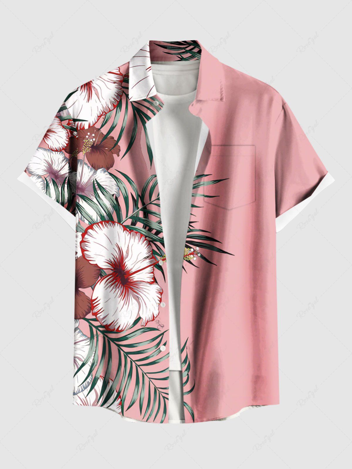Chemise hawaïenne grande taille à imprimé feuilles tropicales et fleurs d'hibiscus, avec poches et boutons, pour homme Rose clair 6XL