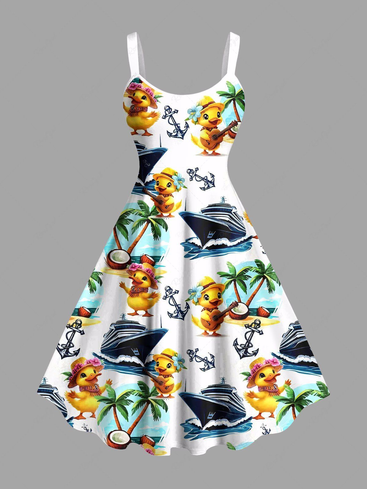 Trendy Plus Size Ducks Coconut Tree Sea Waves Ship Anchor Cruise Print Hawaii Tank Dress  