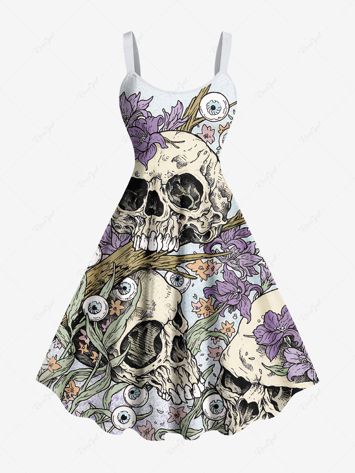 Robe débardeur grande taille à imprimé tête de mort, fleurs et yeux pour Halloween Bleu Poudre XXS