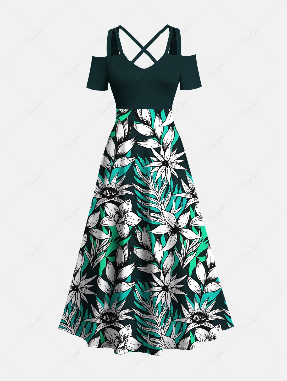 Latest Plus Size Flowers Leaf Print Cold Shoulder Crisscross Hawaii Maxi Dress  