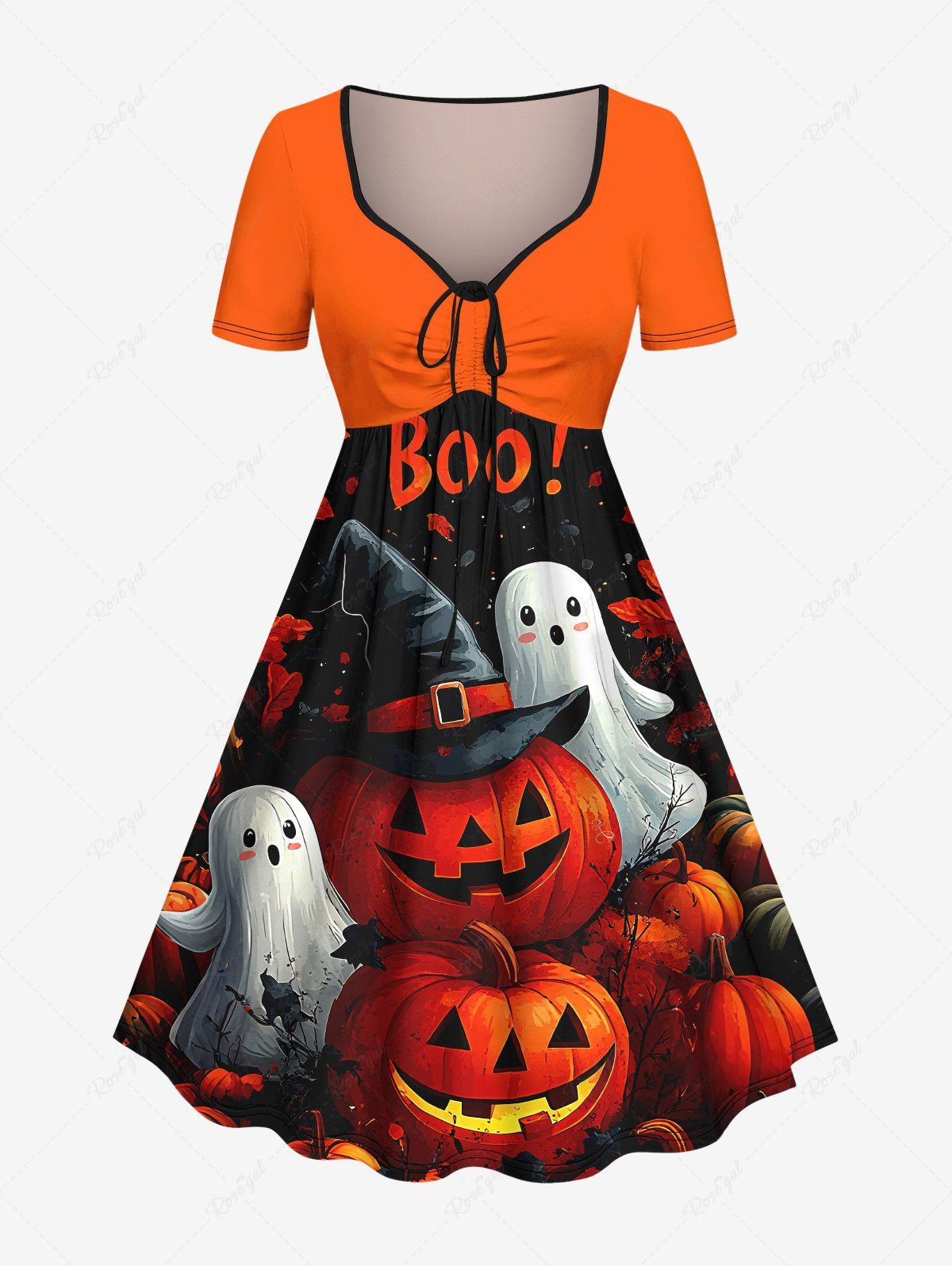 Online Plus Size Halloween Pumpkin Ghost Maple Leaf Print Cinched Dress  