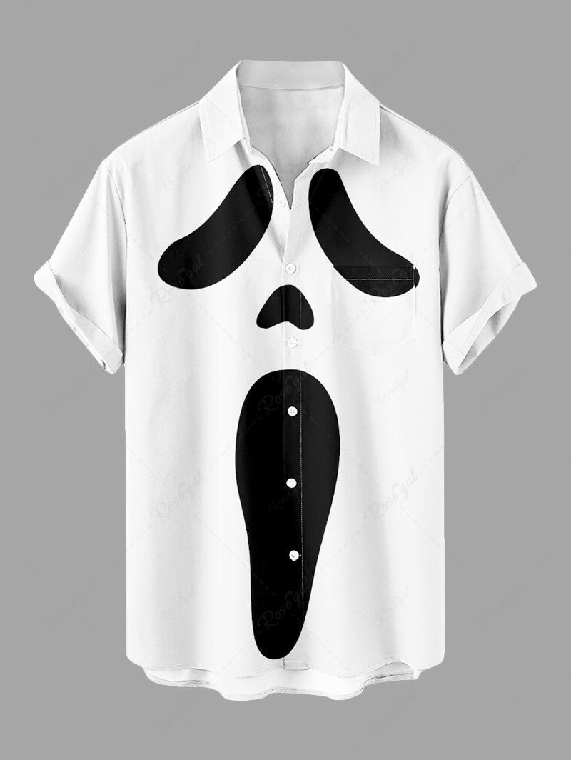 Chemise à boutons et poches grande taille pour homme, imprimé fantôme d'Halloween Blanc 3XL