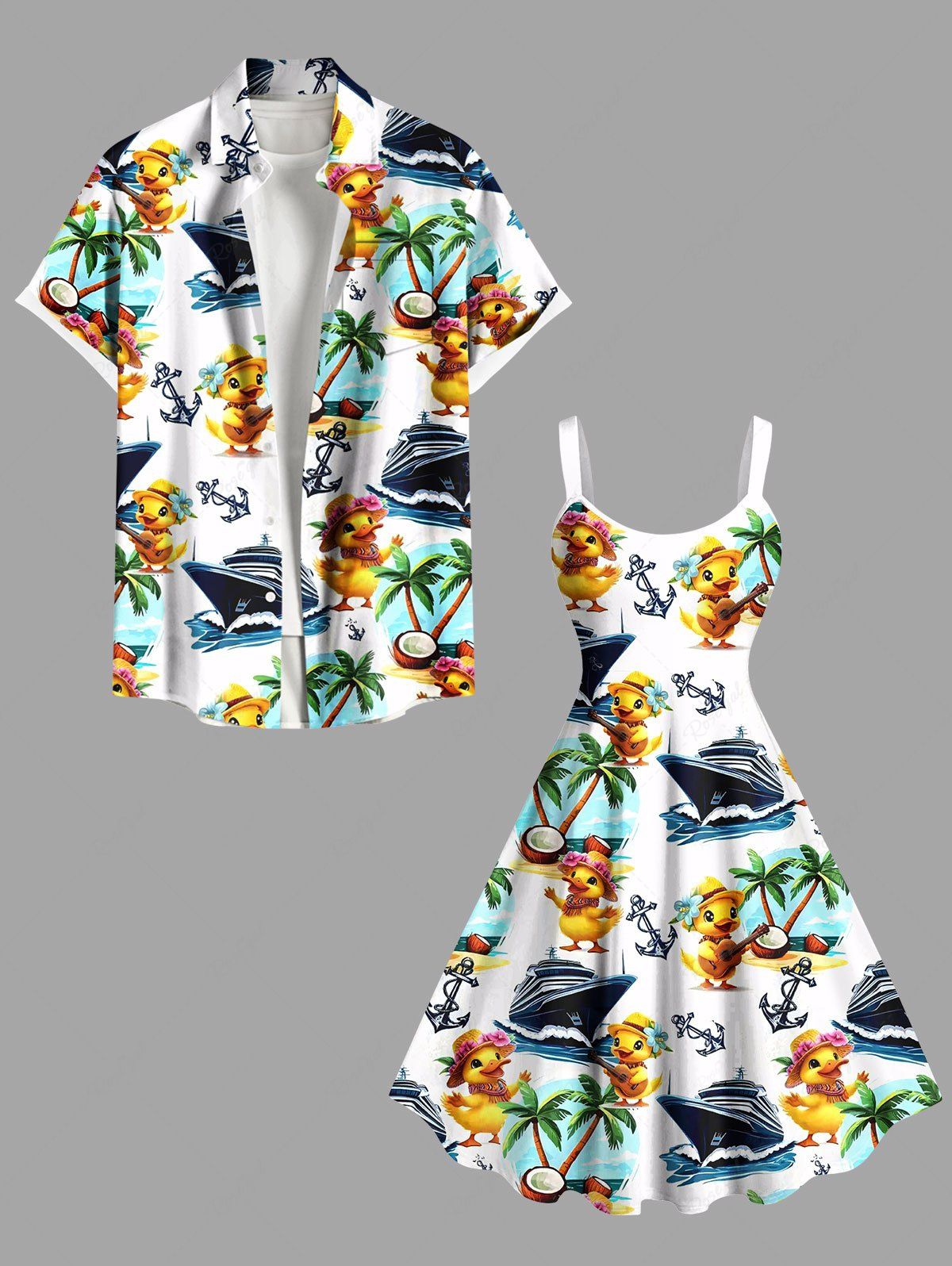Shop Ducks Coconut Tree Sea Waves Ship Anchor Cruise Print Plus Size Matching Hawaii Beach Outfit For Couples  