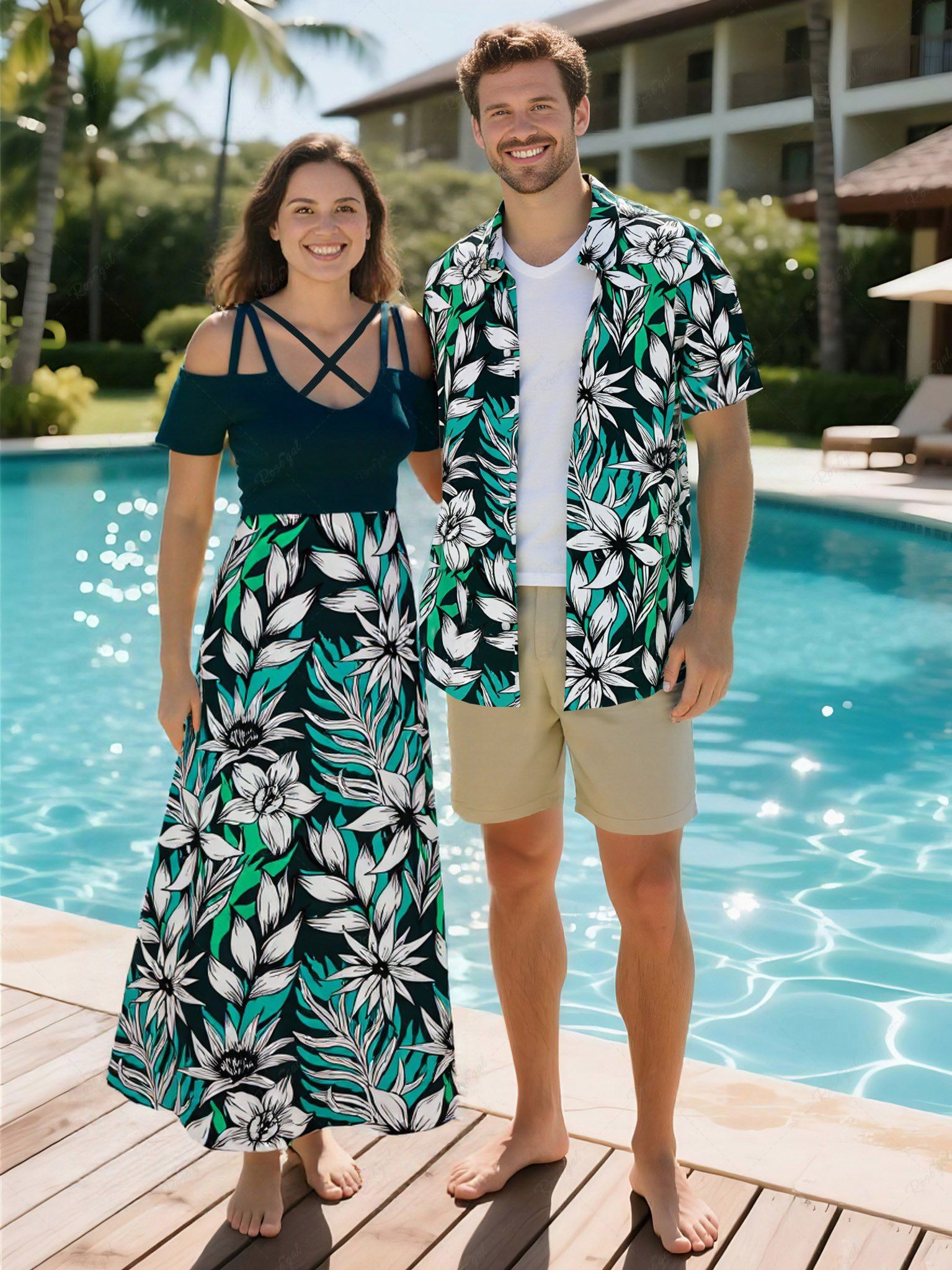 Outfits Flowers Leaf Print Plus Size Matching Hawaii Beach Outfit For Couples  