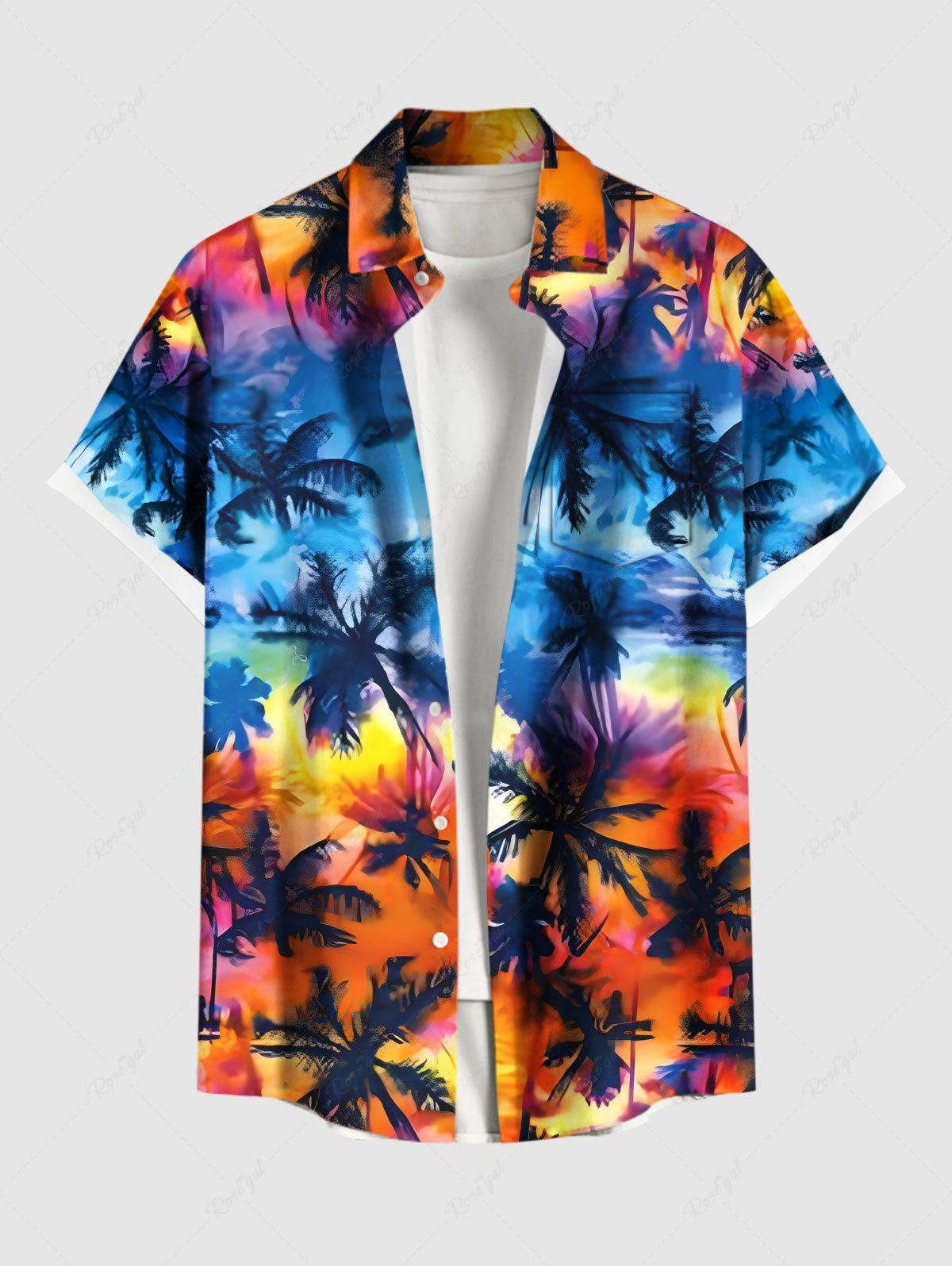 Chemise hawaïenne grande taille à imprimé cocotiers, tie-dye et ombré, avec poches boutonnées pour homme Orange 3XL