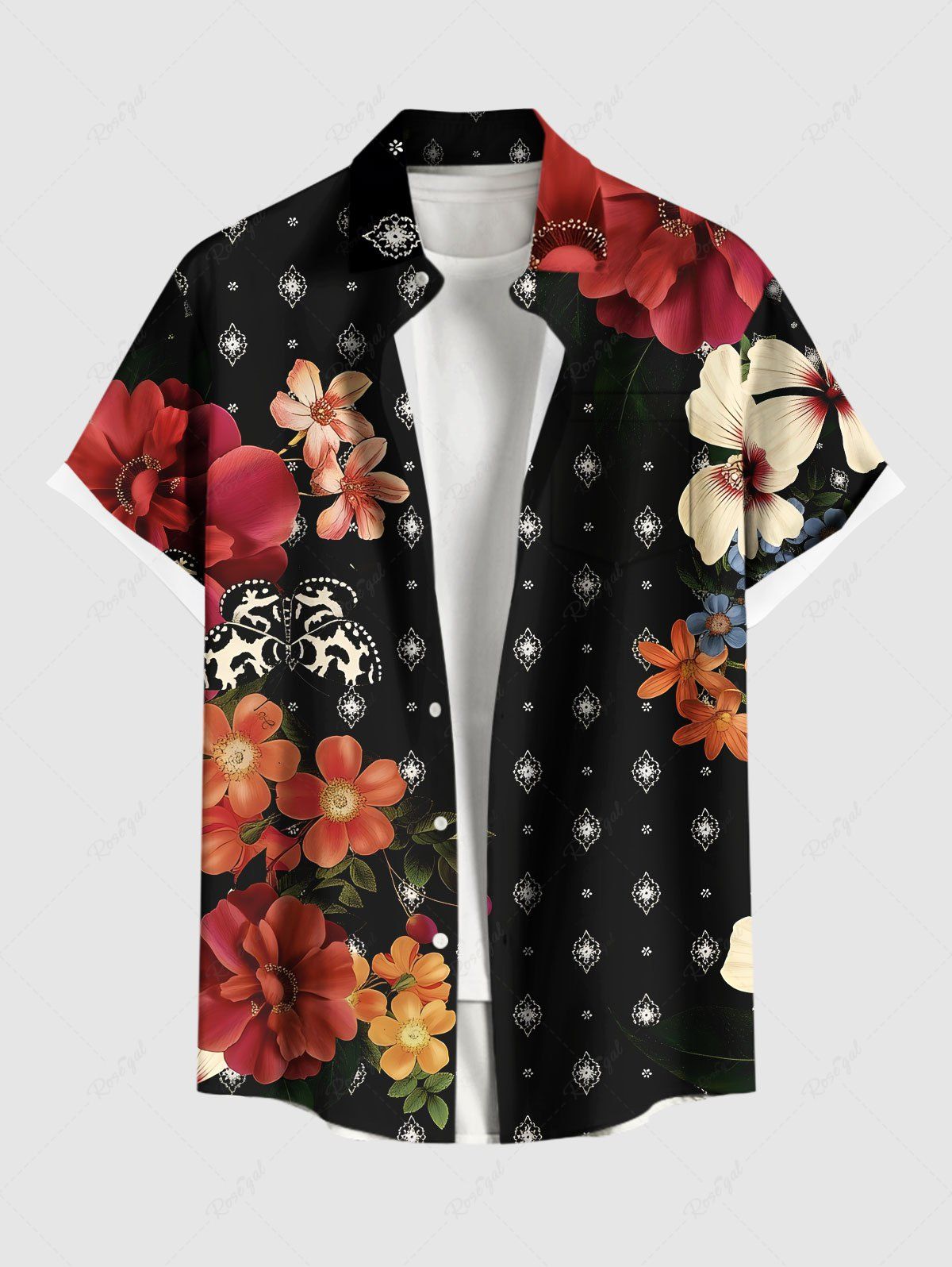Chemise hawaïenne grande taille à imprimé fleurs, papillons et yeux, avec poches boutonnées pour homme Noir M