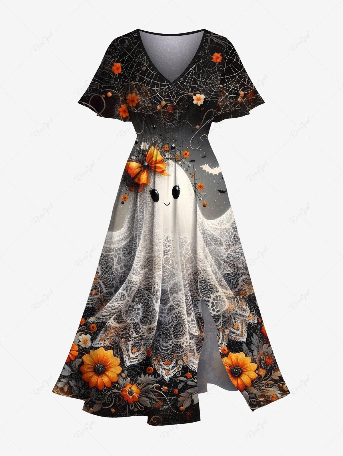 Best Plus Size Flower Spider Web Ghost Bride Print Halloween Ombre Split Pocket A Line Midi Dress  