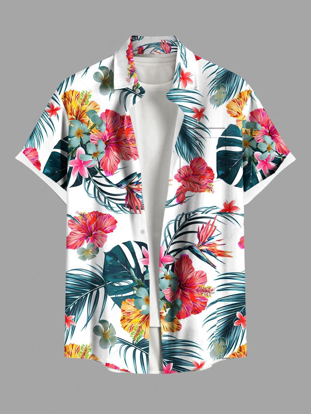 Trendy Plus Size Tropical Leaf Hibiscus Flower Print Hawaii Button Pocket Shirt For Men  