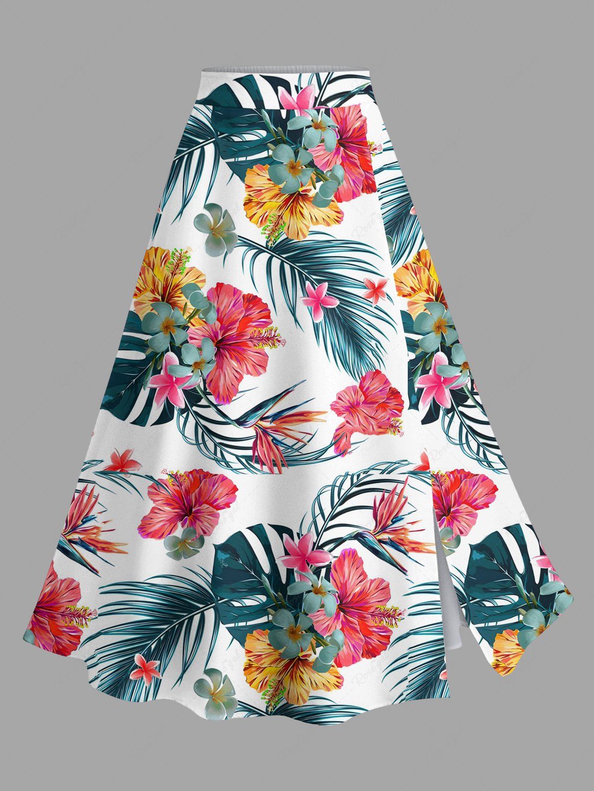 Best Plus Size Tropical Leaf Hibiscus Flower Print Hawaii Split A Line Skirt  