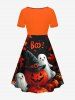 Plus Size Halloween Pumpkin Ghost Maple Leaf Print Cinched Dress -  