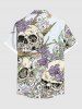 Plus Size Halloween Skull Flowers Eyes Print Buttons Pocket Shirt For Men -  