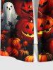Plus Size Halloween Pumpkin Ghost Maple Leaf Print Buttons Pocket Shirt For Men -  
