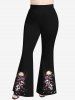 Plus Size Skull Rose Flower Branch Print Flare Pants -  